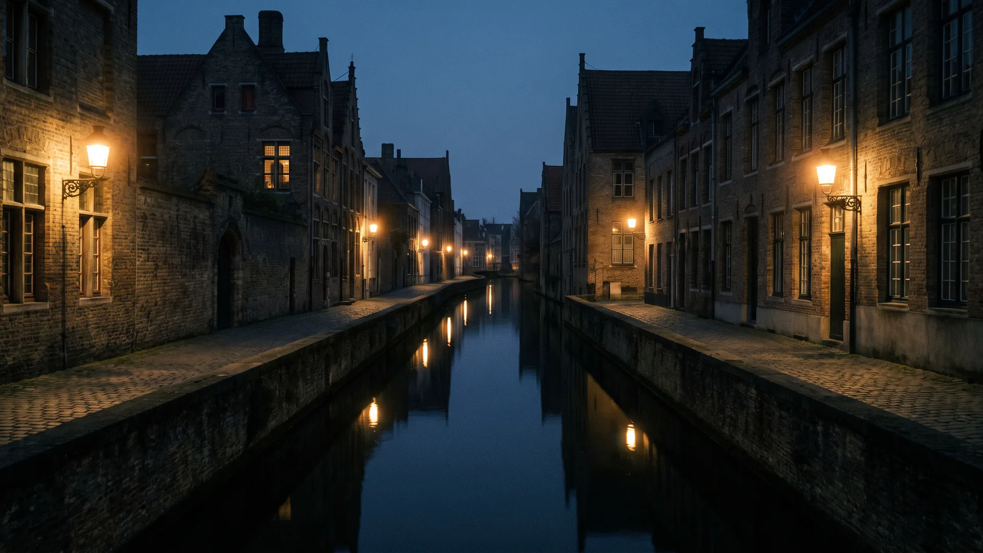 A Bruges canal at blue hour, lamplight receding along both quays.